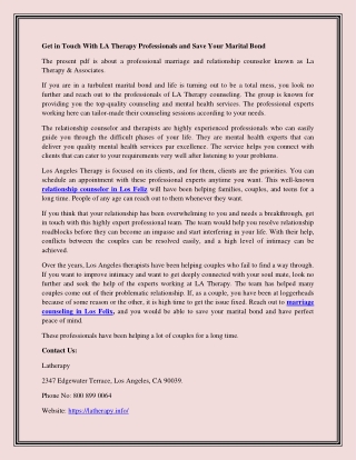 Get in Touch With LA Therapy Professionals and Save Your Marital Bond