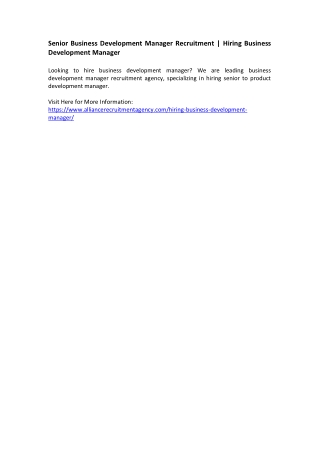 Senior Business Development Manager Recruitment - Hiring Business Development Manager