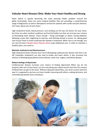 Valvular Heart Disease Clinic Make Your Heart Healthy and Strong
