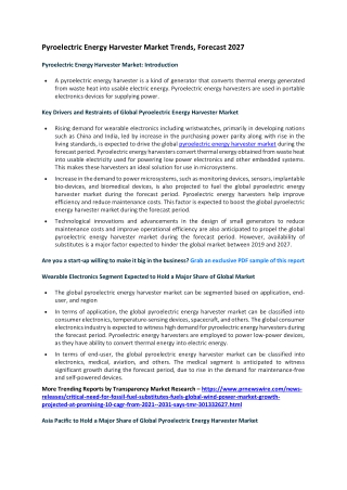 Pyroelectric Energy Harvester Market Trends, Forecast 2027