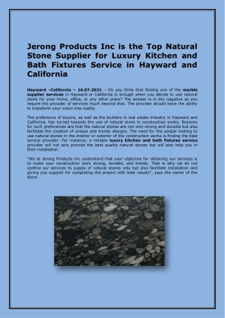Jerong Products Inc is the Top Natural Stone Supplier for Luxury Kitchen