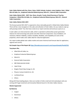 Solar Cables Market with Size, Share, Value, CAGR, Outlook, Analysis, Latest Upd