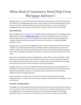 What Kind of Customers Need Help From Mortgage Advisors