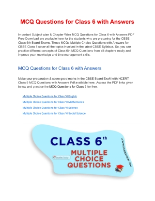 Class 6 MCQs, Multiple Choice Questions for Class 6