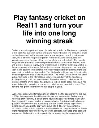 Play fantasy cricket on Real11 and turn your life into one long winning streak