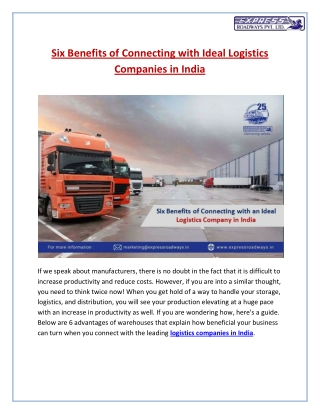 6 benefits of connecting with an ideal Logistics company in India