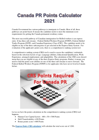 Canada PR Points Calculator 2021