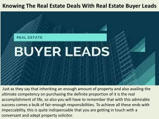 Knowing The Real Estate Deals With Real Estate Buyer Leads