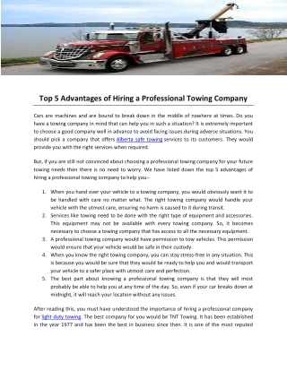 Top 5 Advantages of Hiring a Professional Towing Company
