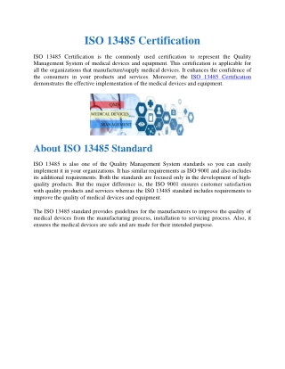 ISO 13485 standard and its Certification