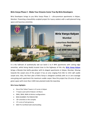 Birla Vanya Phase 2 - Make Your Dreams Come True By Birla Developers