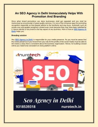 An SEO Agency in Delhi Immaculately Helps With Promotion And Branding