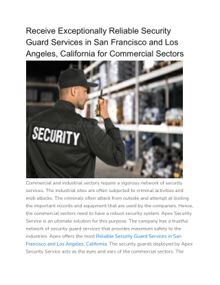 Receive Exceptionally Reliable Security Guard Services in San Francisco and Los Angeles, California for Commercial Secto