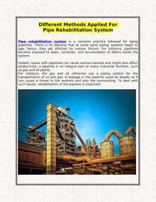 Different Methods Applied For Pipe Rehabilitation System