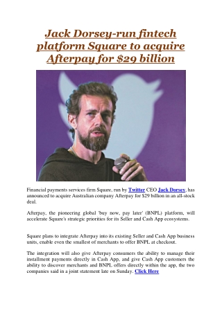 Jack Dorsey-run fintech platform Square to acquire Afterpay for 29 billion