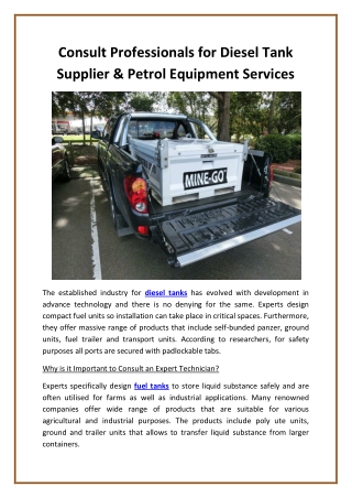 Consult Professionals for Diesel Tank Supplier & Petrol Equipment Services