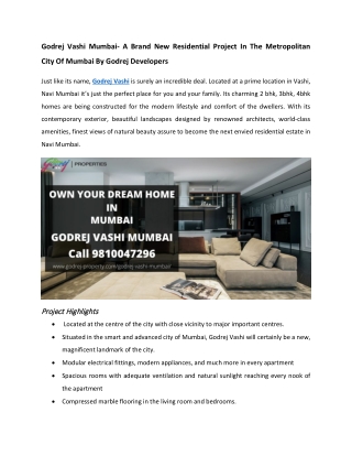 Godrej Vashi Mumbai- A Brand New Residential Project In The Metropolitan City Of Mumbai