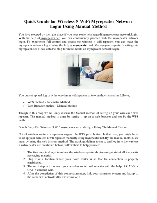 Quick Guide for Wireless N WiFi Myrepeater Network Login Using Manual Method