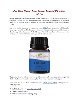 Shop Plant Therapy Relax Synergy Essential Oil Online - OilyPod