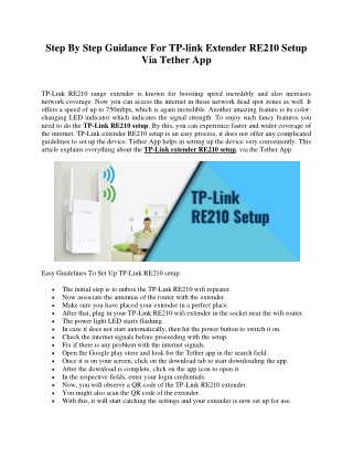 Step By Step Guidance For TP-link Extender RE210 Setup Via Tether App