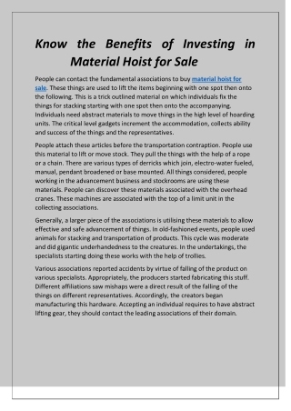 Know the Benefits of Investing in Material Hoist for Sale