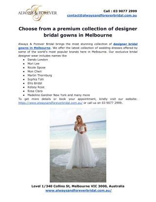 Choose from a premium collection of designer bridal gowns in Melbourne