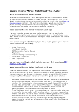 Isoprene Monomer Market - Global Industry Report, 2027