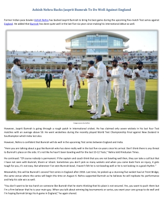 Ashish Nehra Backs Jasprit Bumrah To Do Well Against England