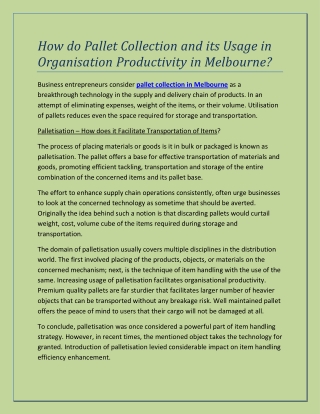How do Pallet Collection and its Usage in Organisation Productivity in Melbourne