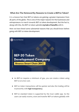 What Are The Noteworthy Reasons to Create a BEP20 Token