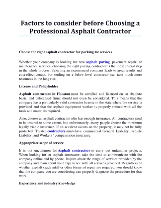 Factors to consider before Choosing a Professional Asphalt Contractor