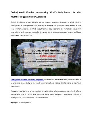 Godrej Worli Mumbai - Announcing Worli's Only Bonus Life with Mumbai's Biggest Value Guarantee