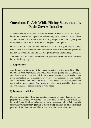 What Are the Questions You Should Ask Before Hiring a Patio Cover Installer?