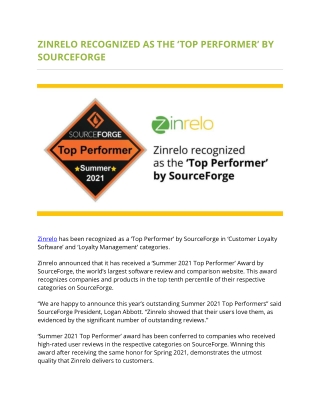 Zinrelo recognized as the ‘Top Performer’ by SourceForge