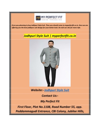 Jodhpuri Style Suit  myperfectfit.co.in