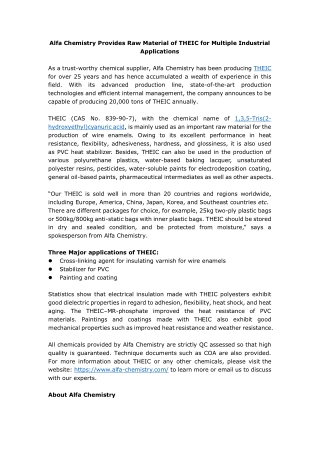 Alfa Chemistry Provides Raw Material of THEIC for Multiple Industrial Applicatio