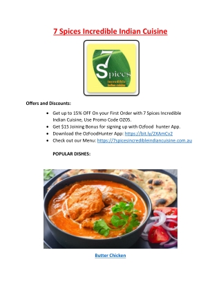 15% off - 7 Spices Incredible Indian Cuisine Applecross, WA