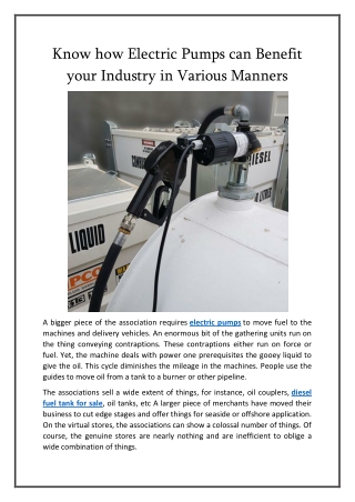 Know how Electric Pumps can Benefit your Industry in Various Manners