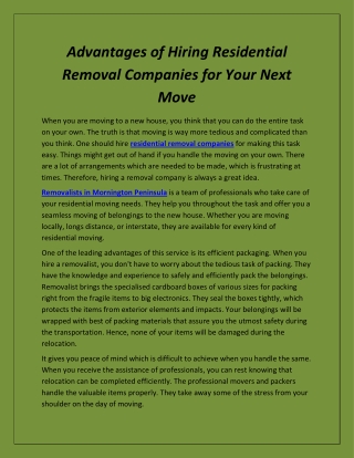 Advantages of Hiring Residential Removal Companies for Your Next Move