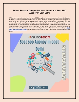 Potent Reasons Companies Must Invest in a Best SEO Agency In East Delhi