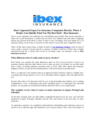 Don’t Approach Expat Car Insurance Companies Directly, When A Broker Can Quickly Find You The Best Deal! - Ibex Insuranc