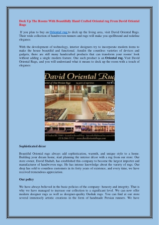 Deck Up The Rooms With Beautifully Hand Crafted Oriental rug From David Oriental Rugs