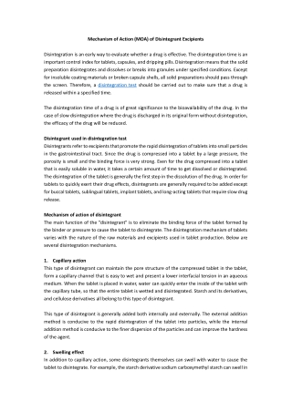 Mechanism of Action (MOA) of Disintegrant Excipients