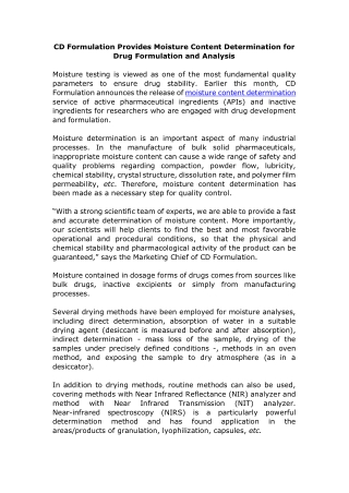 CD Formulation Provides Moisture Content Determination for Drug Formulation and