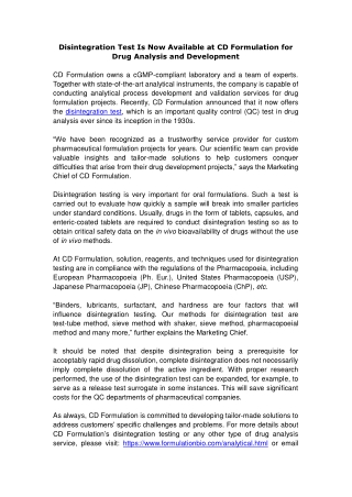 Disintegration Test Is Now Available at CD Formulation for Drug Analysis and Dev