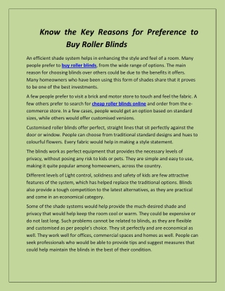 Know the Key Reasons for Preference to Buy Roller Blinds