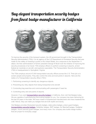 Buy elegant transportation security badges from finest badge-manufacturer in California