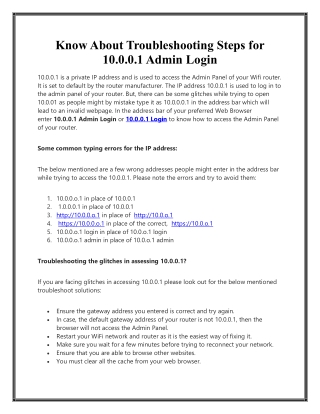 Know About Troubleshooting Steps for 10.0.0.1 Admin Login