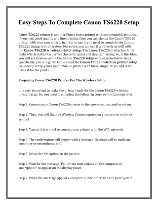 Easy Steps To Complete Canon TS6220 Setup