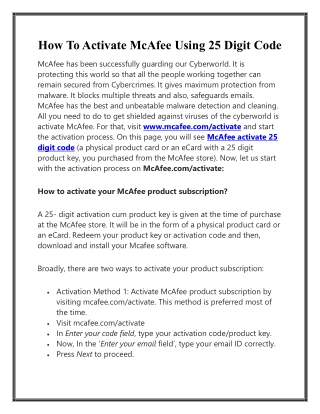 How To Activate McAfee Using 25 Digit Code